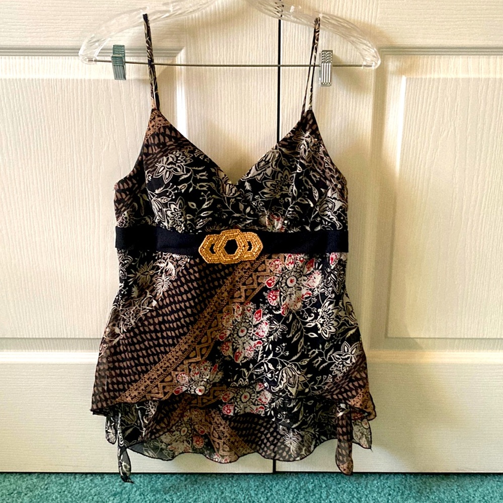 Black and tan Bohemian style polyester spaghetti strap blouse, size L